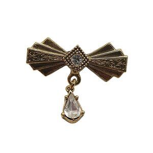 Vintage 1928 Gold Tone Bow Brooch With Clear Rhinestone Drop